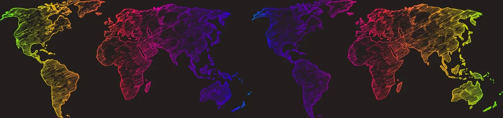 Worldmap in rainbow colours.